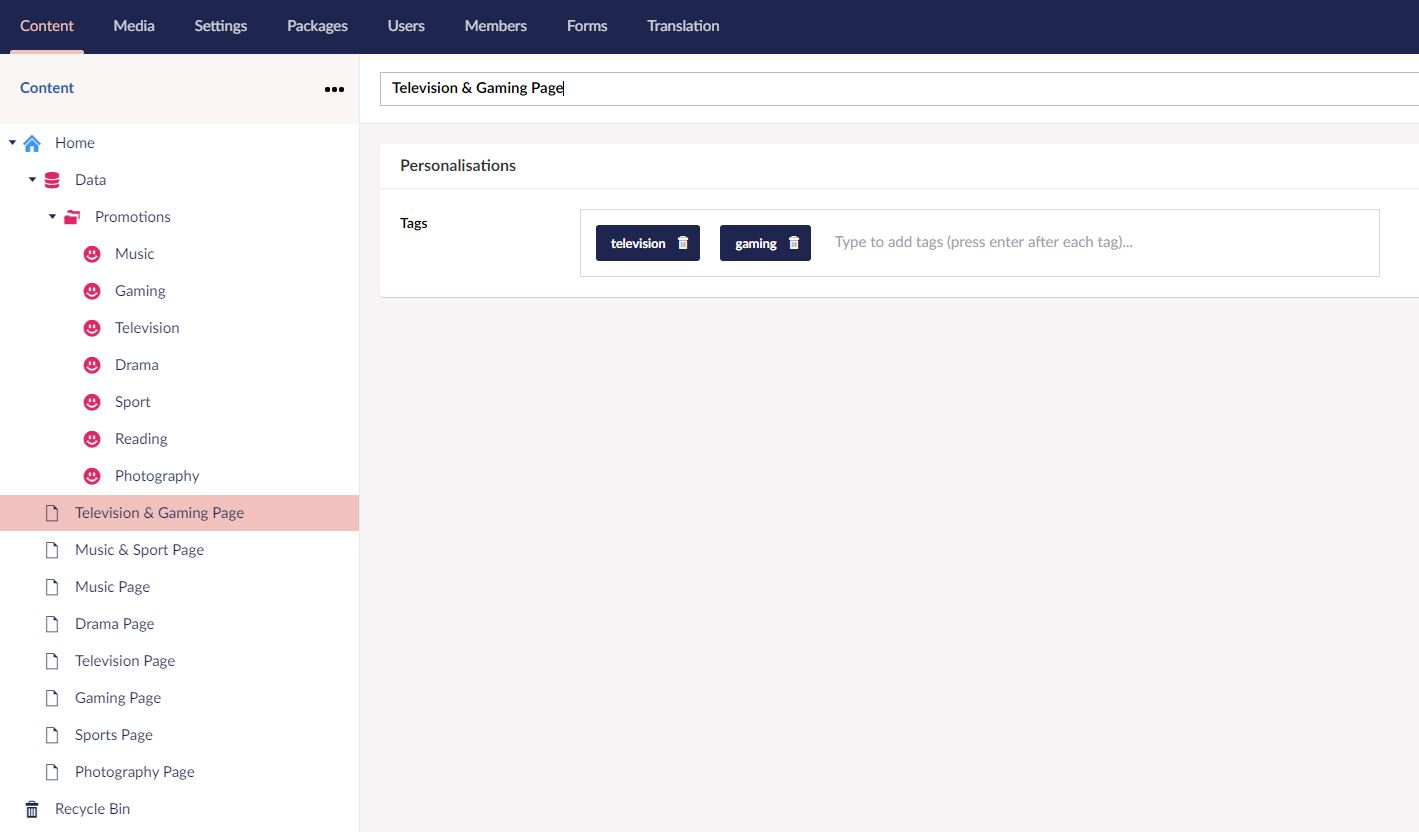 Figure 5: Tagging content for personalisation in Umbraco