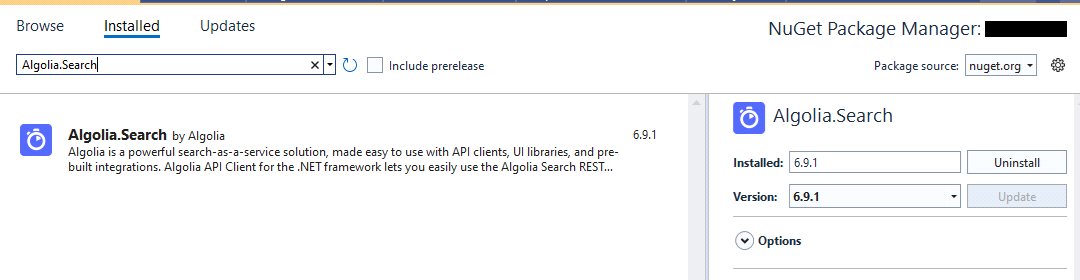 Algolia.Search on the Nuget Package Manager