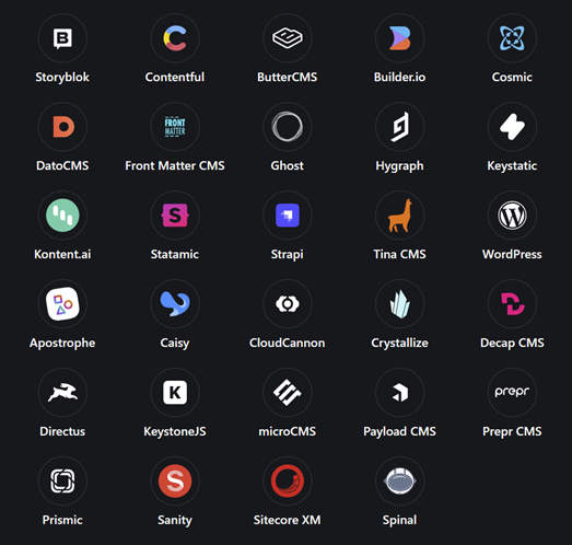 Screenshot of Astro's Use a CMS with Astro, listing 29 CMSes which aren't Umbraco CMS