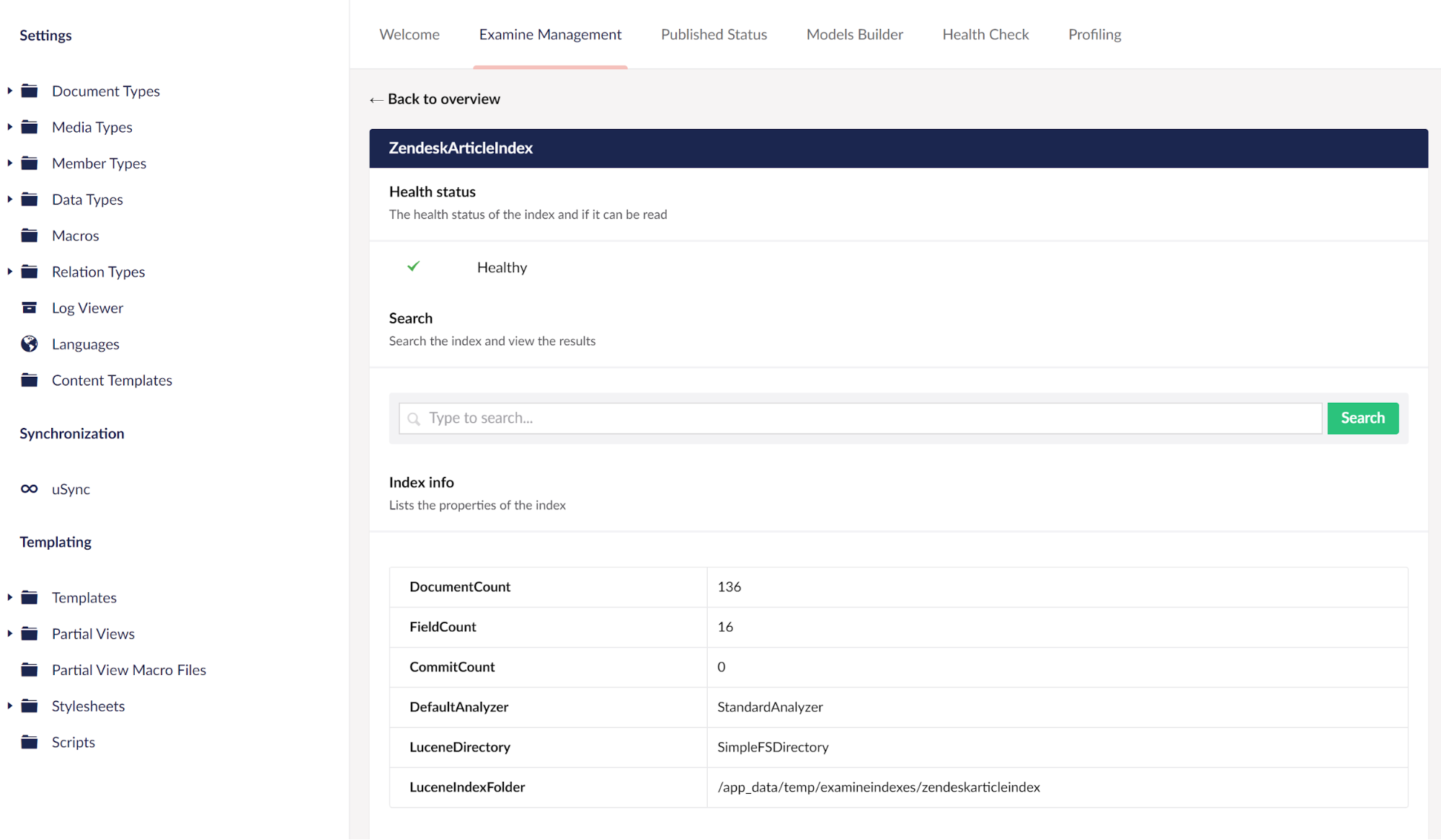 The new Index in the Examine Management section